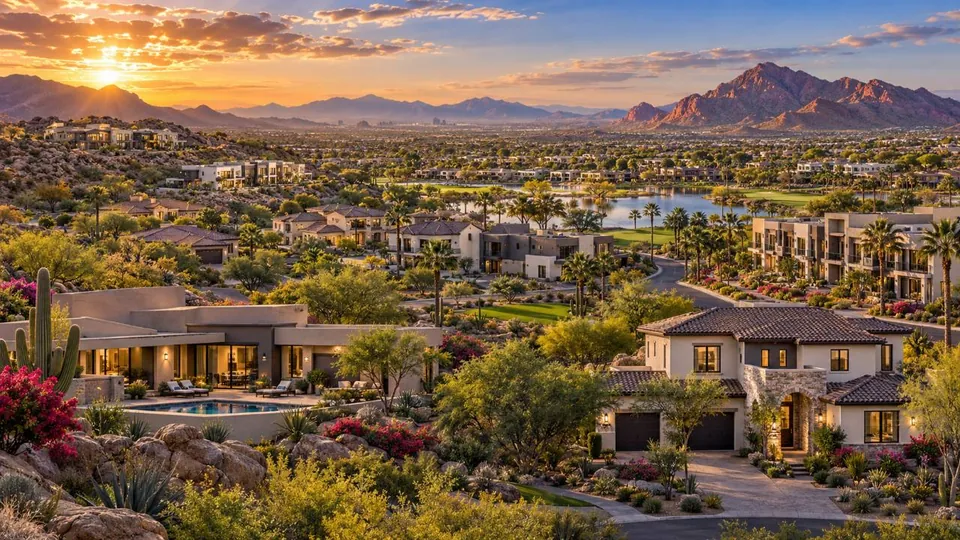 Illustrative Phoenix Valley panorama with varied homes, Sonoran Desert landscaping and mountains; not actual builder communities