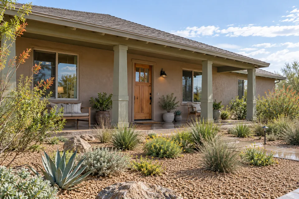 Illustrative Arizona home with a welcoming porch and Sonoran Desert landscaping