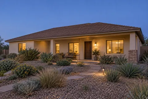 Illustrative Arizona b4 deep porch ranch blue hour; not a specific community or available property. Not a depiction of Arroyo Grande or an available home.