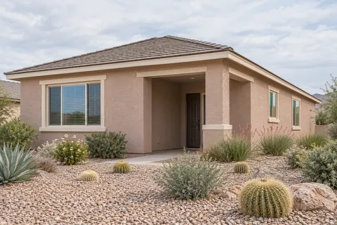 Illustrative Arizona b4 rose hip roof bungalow; not a specific community or available property. Not a depiction of Tristanos or an available home.