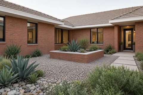 Illustrative Arizona brick courtyard ranch overhead; not a specific community or available property. Not a depiction of Retreat at Blossom Rock or an available home.