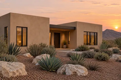 Illustrative Arizona courtyard ranch earth plaster; not a specific community or available property. Not a depiction of Meridian at Northpointe at Vistancia or an available home.