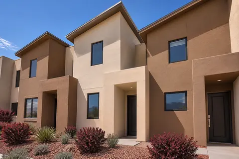 Illustrative Arizona cream townhome angular garden; not a specific community or available property. Not a depiction of The Traditions at Teravalis or an available home.