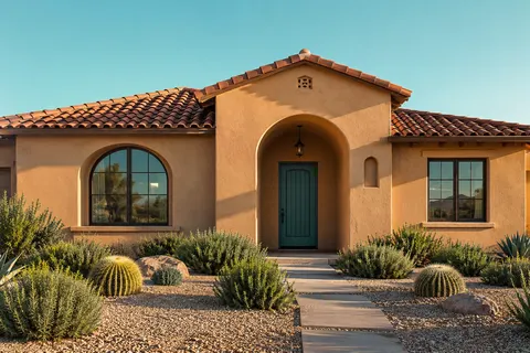 Illustrative Arizona ochre spanish garden house; not a specific community or available property. Not a depiction of Mystic Vista Enclaves or an available home.