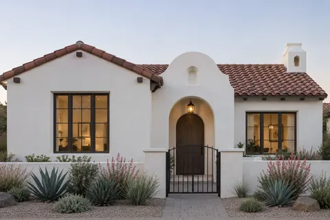 Illustrative Arizona spanish garden iron entry; not a specific community or available property. Not a depiction of Hawes Crossing or an available home.
