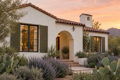 Illustrative Arizona spanish revival scalloped entry; not a specific community or available property. Not a depiction of Escalante or an available home.