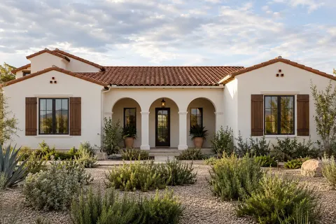 Illustrative Arizona spanish triple arch garden; not a specific community or available property. Not a depiction of Long Canyon Reserve or an available home.
