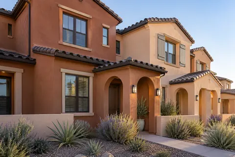 Illustrative Arizona terracotta townhome pedestrian; not a specific community or available property. Not a depiction of Rio Vista at Rancho Mercado or an available home.