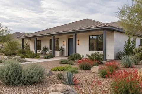 Illustrative Arizona white brick porch ranch; not a specific community or available property. Not a depiction of Price Manor or an available home.