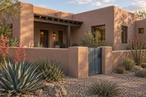 Illustrative Arizona adobe inspired blue gate courtyard. Not a depiction of this community or an available home.
