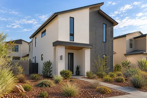 Illustrative Arizona asymmetrical gable family home; not a specific community or available property. Not a depiction of IronWing at Windrose or an available home.