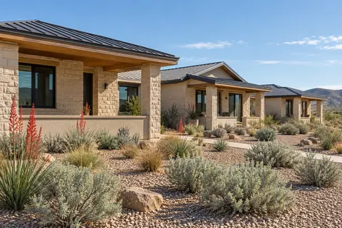 Illustrative Arizona buff masonry porch bungalows; not a specific community or available property. Not a depiction of Nexus at Five North at Vistancia or an available home.