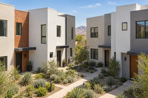 Illustrative Arizona contemporary attached garden court; not a specific community or available property. Not a depiction of Entrada Estate Series or an available home.