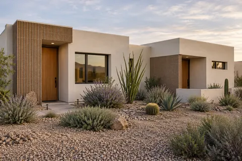 Illustrative Arizona ribbed entry desert duplex; not a specific community or available property. Not a depiction of Stonehaven Expedition Collection or an available home.