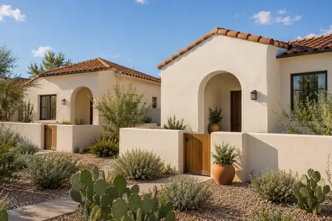 Illustrative Arizona spanish courtyard bungalow pair. Not a depiction of this community or an available home.