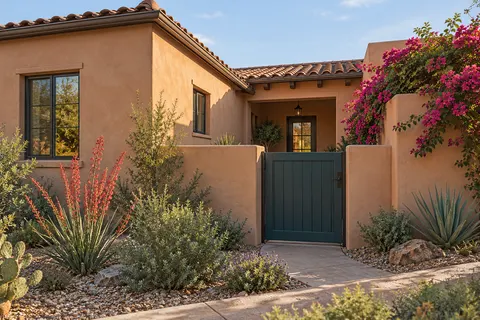 Illustrative Arizona terracotta teal gate courtyard; not a specific community or available property. Not a depiction of Ventana de Estrellas Enclaves or an available home.