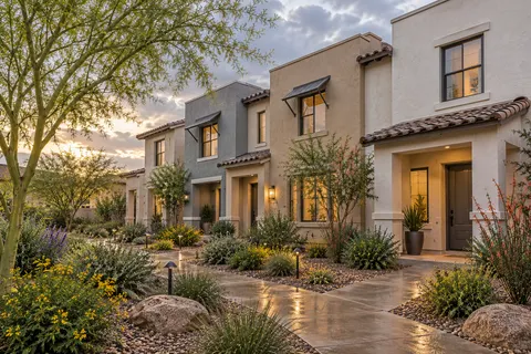 Illustrative Arizona attached townhome pedestrian paseo; not a specific community or available property. Not a depiction of Bella Camino Traditions or an available home.