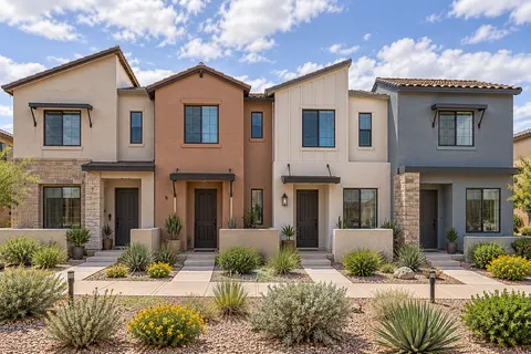 Illustrative Arizona attached townhome row elevation; not a specific community or available property. Not a depiction of Mayfield or an available home.