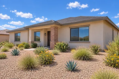 Illustrative Arizona ranch high noon garden; not a specific community or available property. Not a depiction of Shadow Ridge Encore Collection or an available home.