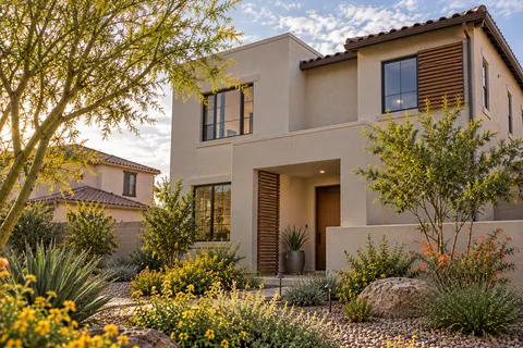 Illustrative Arizona desert contemporary family entry; not a specific community or available property. Not a depiction of Alamar or an available home.