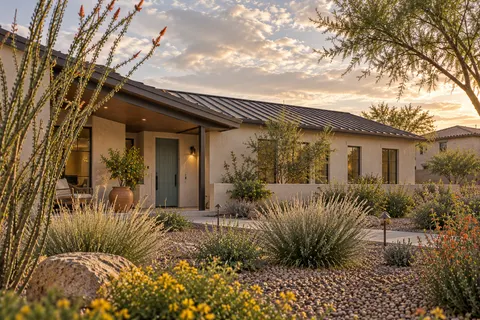 Illustrative Arizona single story l shaped courtyard; not a specific community or available property. Not a depiction of El Rancho Santa Rosa or an available home.