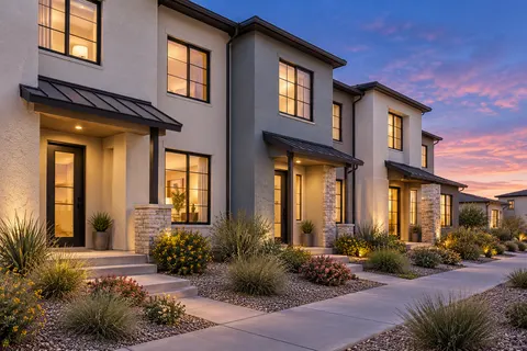 Illustrative Arizona staggered attached townhomes blue hour. Not a depiction of this community or an available home.