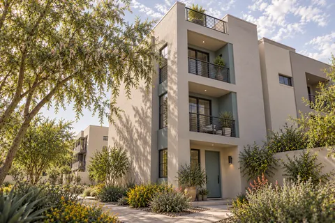 Illustrative Arizona three story attached urban courtyard; not a specific community or available property. Not a depiction of Rancho Mirage or an available home.