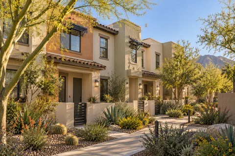 Illustrative Arizona attached townhome courtyard; not a specific community or available property. Not a depiction of Paseo Heights or an available home.