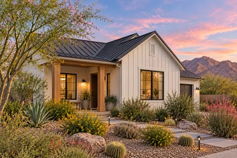 Illustrative Arizona modern farmhouse. Not a depiction of this community or an available home.