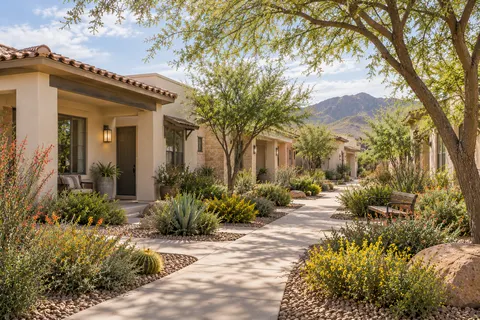 Illustrative Arizona single level patio home court; not a specific community or available property. Not a depiction of Avion or an available home.