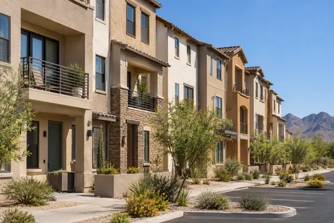 Illustrative attached townhomes along a landscaped Arizona neighborhood street. Not a depiction of Nexus at Five North at Vistancia Townhomes or an available home.
