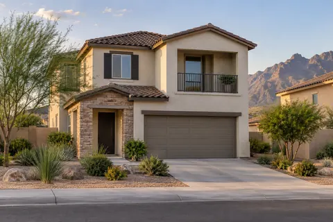 Illustrative contemporary two-story Arizona home with a distant mountain backdrop. Not a depiction of Atavia or an available home.