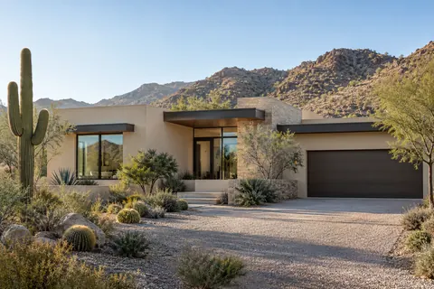 Illustrative desert contemporary Arizona home with native desert landscaping. Not a depiction of Rancho Mirage Estate Series or an available home.