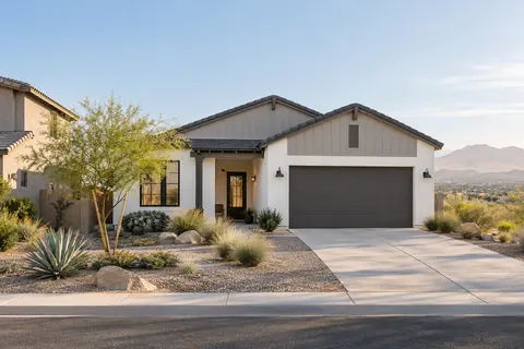 Illustrative modern farmhouse-style Arizona home with desert landscaping. Not a depiction of Anthem at Merrill Ranch Reserve Series or an available home.