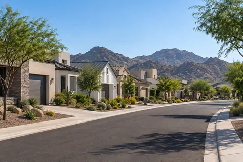 Illustrative Phoenix-area neighborhood street with varied homes, desert planting, and distant mountains. Not a depiction of Ascent at Aloravita or an available home.