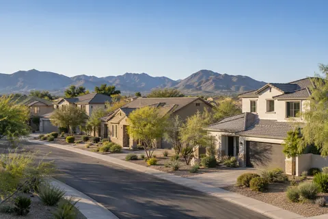 Illustrative Phoenix-area homes along a neighborhood street in morning light with distant mountains. Not a depiction of The Orchard at Olea or an available home.