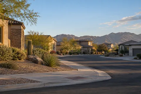Illustrative Phoenix-area residential street at evening with desert landscaping and mountain silhouettes. Not a depiction of Entrada Signature Series or an available home.