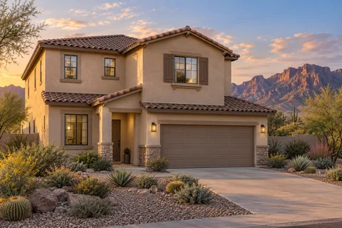 Illustrative Southwestern two-story home concept guided by advertised Plan 4B facts; not a photograph or exact depiction of this home.