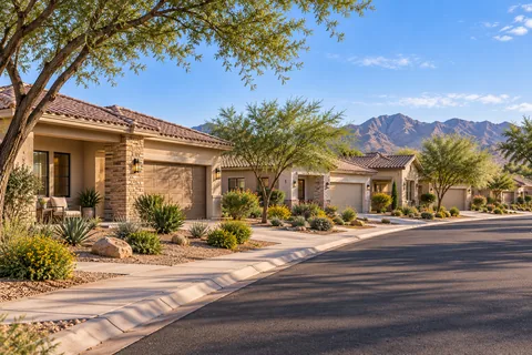 Illustrative tree-lined Arizona residential street with desert landscaping and distant mountains. Not a depiction of Marbella at Windrose or an available home.