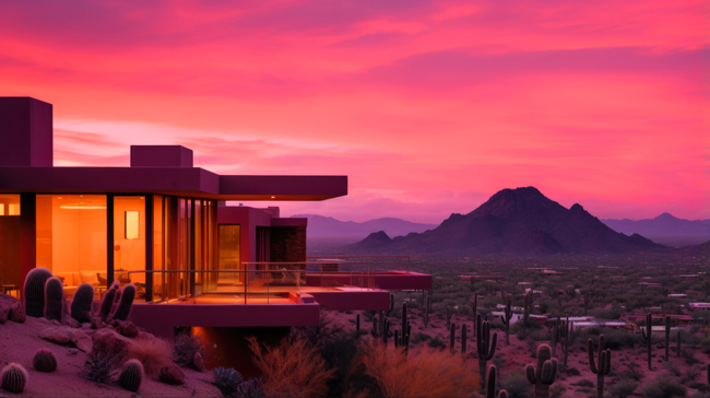 luxury real estate overlooking mesa, az with a twilight pink sky