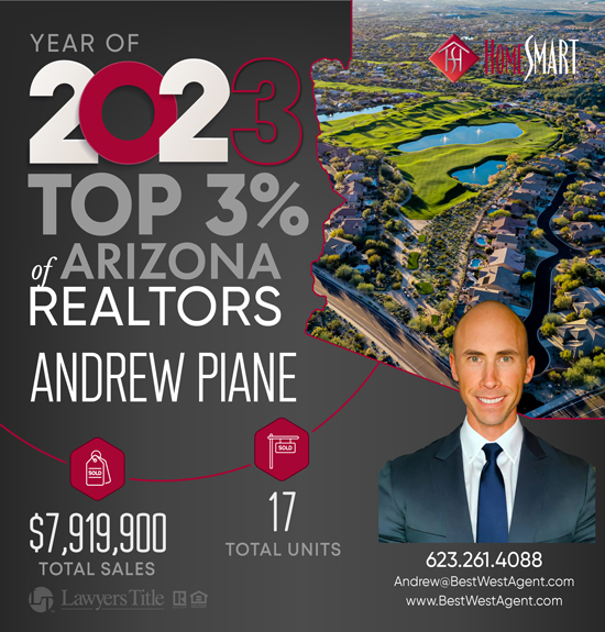 andrew piane realtor 2023 top 3% real estate agent award with headshot and aerial view of surprise, az