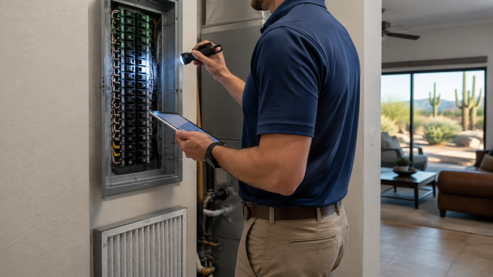 Professional inspector examining an Arizona home during the inspection period