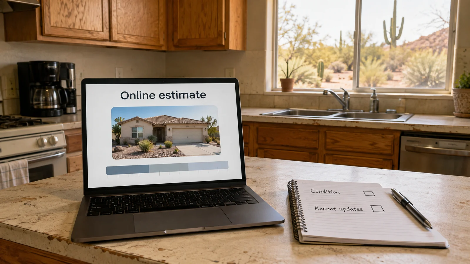 Laptop showing an online home estimate beside a condition checklist in a dated Arizona kitchen