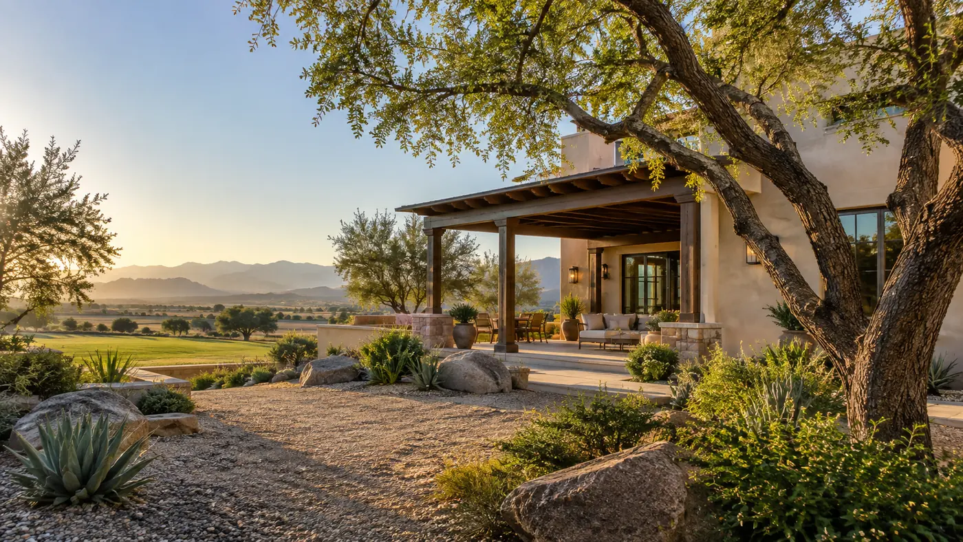 laveen-photographic-residence-v1 Southwestern home and shaded patio beside open desert landscape
