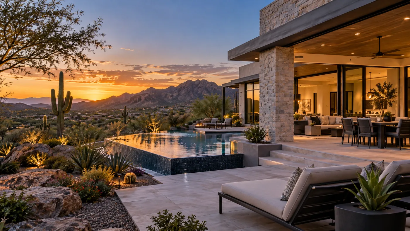 Contemporary desert home and pool terrace at sunset