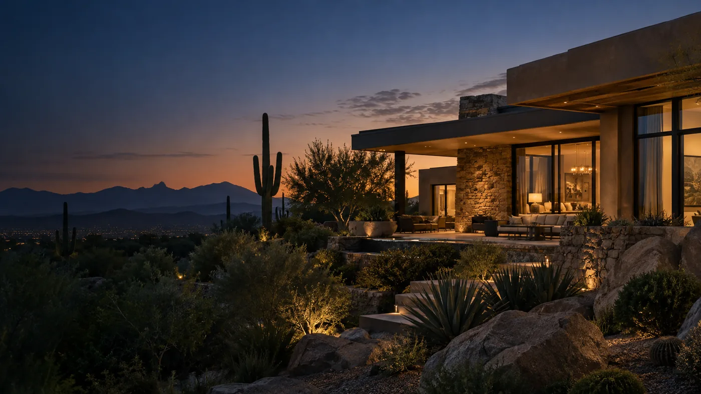 Contemporary desert residence with warm lights at dusk