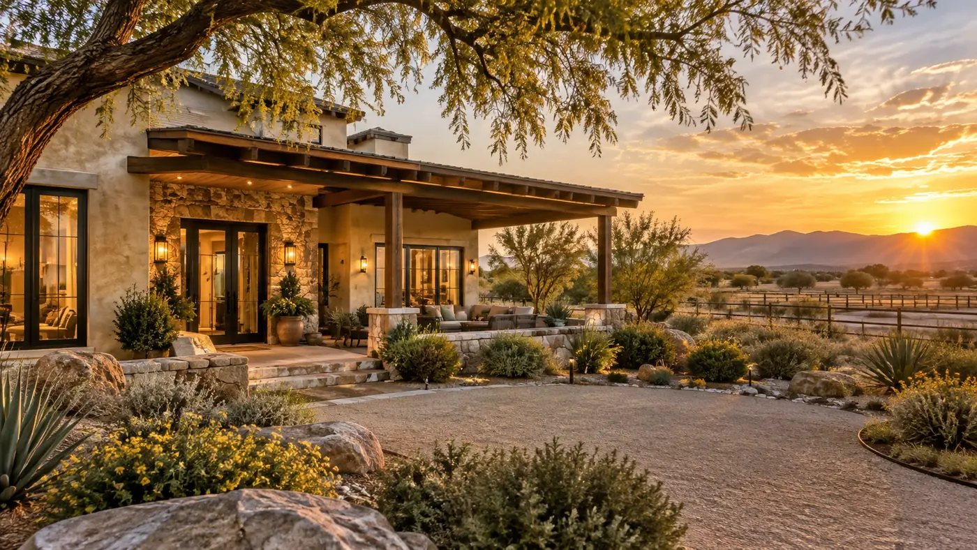 queen-creek-photographic-ranch-v2 Contemporary ranch-style home with desert landscaping at sunset
