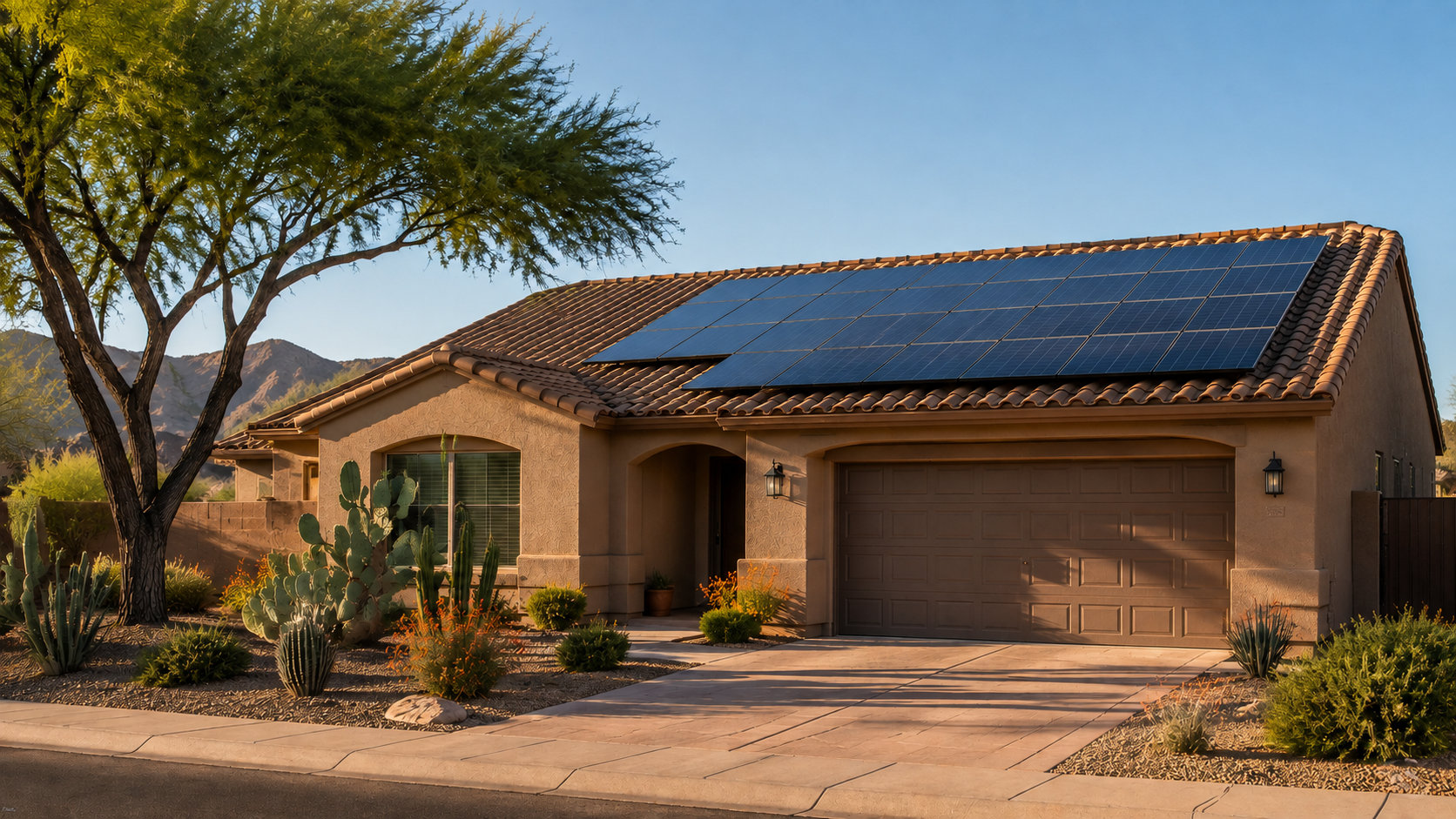 Arizona house with rooftop solar panels in a desert residential setting
