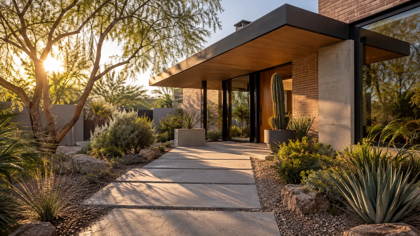 Contemporary desert home entry with mature shade trees
