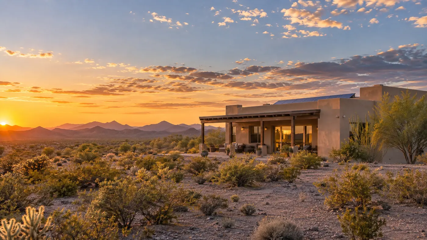 Desert acreage home beneath a warm sunset sky